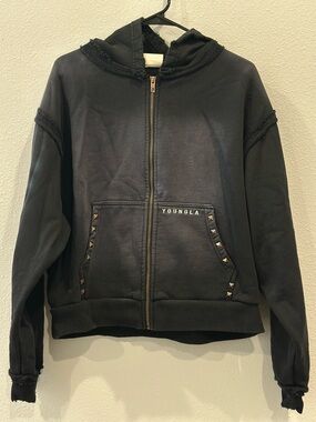 SOLD | YoungLA Black Deconstructed Terry Hooded Zip Jacket with Stud Accents
